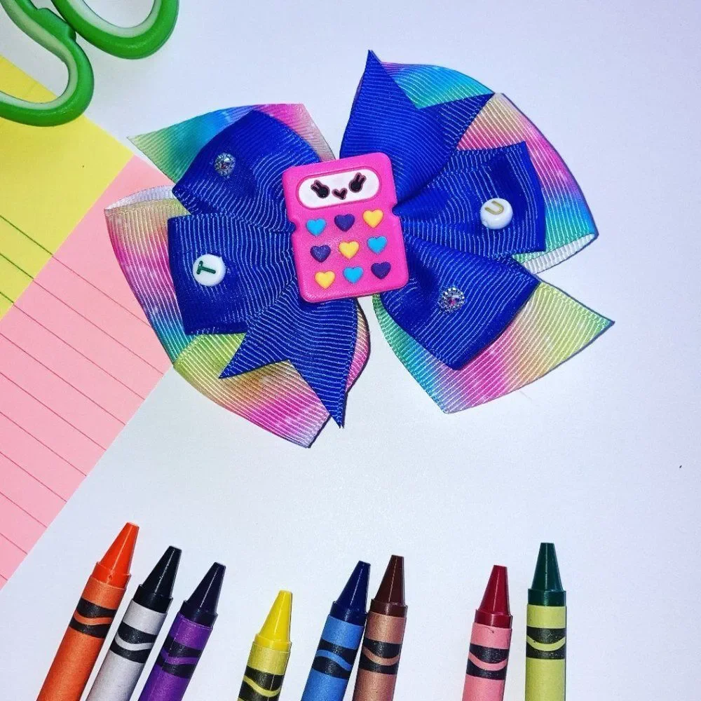 BACK to SCHOOL Hair Bow Clips, Tie Dye Grosgrain Ribbons HairBow Handmade NEW